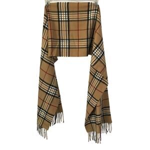 Scotland 100 Percent Cashmere Scarf Tartan Plaid Fringe Edge Tan Black White EUC